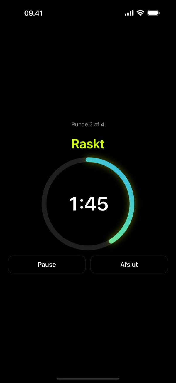 Walkful appen der viser skærmen for guidet intervaltræning