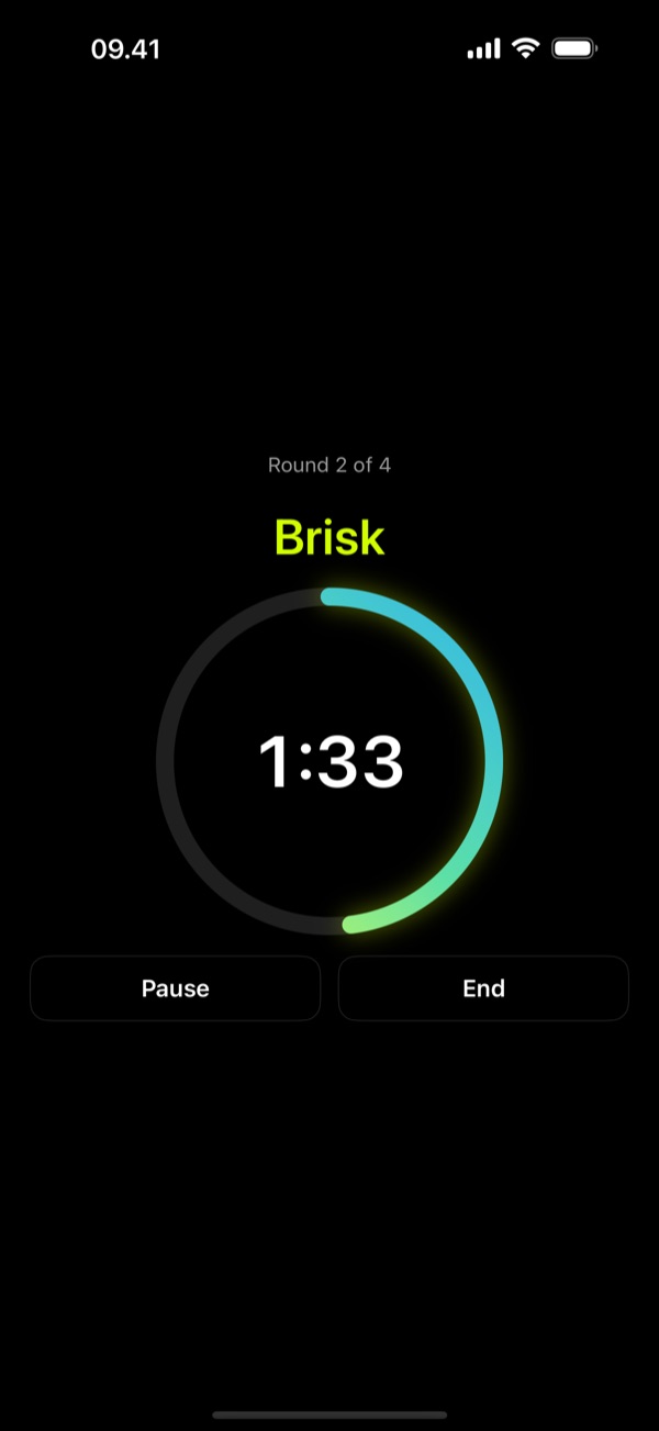 Walkful app displaying guided Interval Walking coach session screen