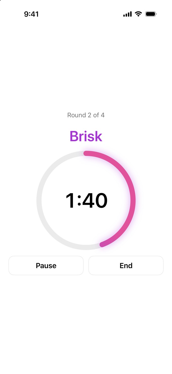 The interval coach: round 2 of 4, brisk, 1:40 left