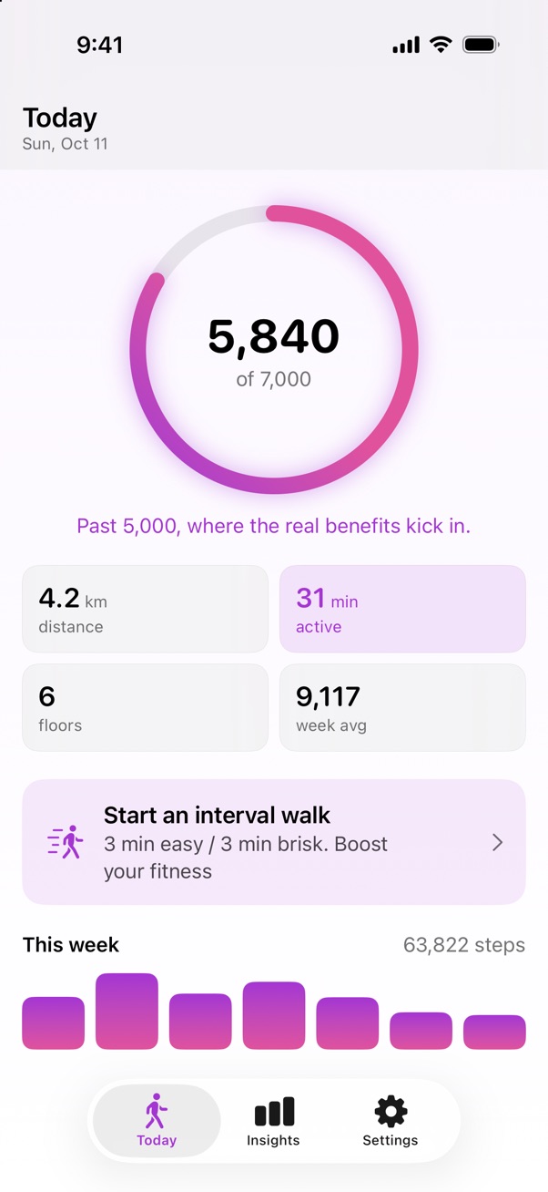 Today: 5,840 of 7,000 steps, with distance, active minutes, floors and this week