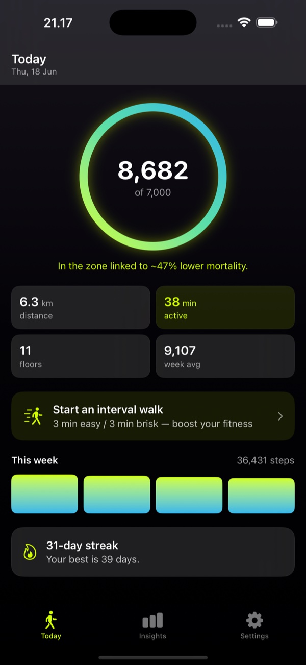Walkful appen der viser dagens dashboard med skridt og ring